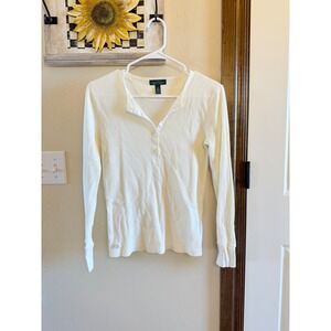 Lauren Jeans Co Ralph Lauren Cream Ribbed Thermal Dainty Henley Top Fits S/M
